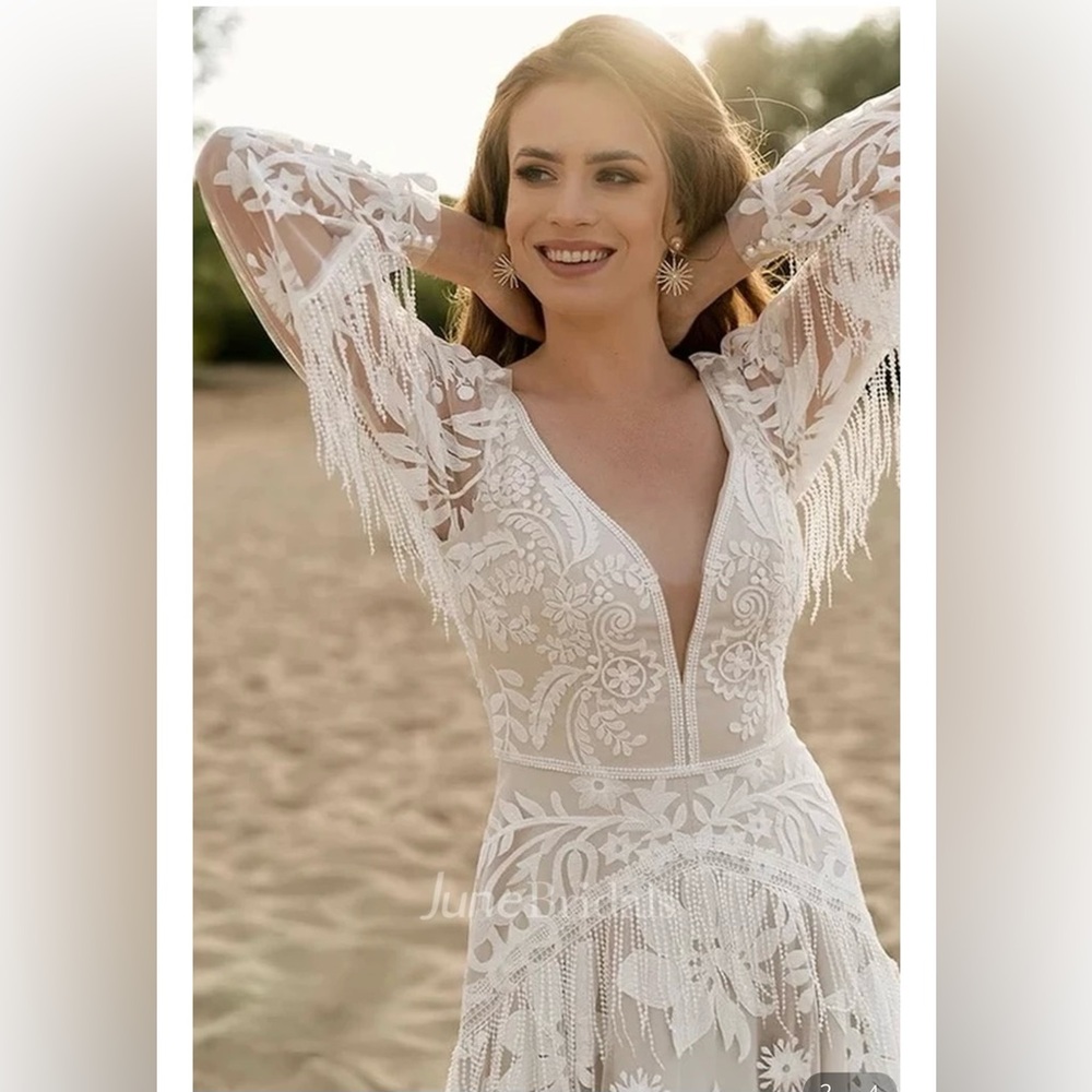 A-line wedding dress, boho western fringe, lace, court train, V-neck